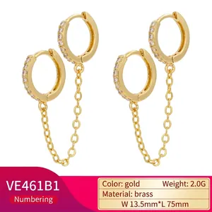 18K gold plated double hoop earring with cubic zirconia and chain connector