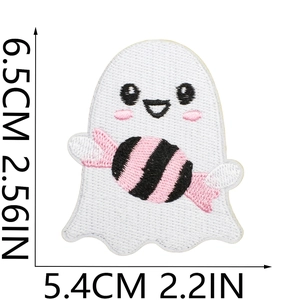 Detail view of cartoon ghost embroidery patch with size measurements 6.5cm by 5.4cm