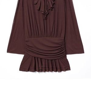 Deep brown long sleeve V-neck dress with ruffled layers and pleated waist on white background