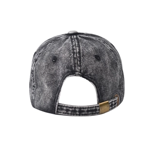 Adjustable brass buckle and acid-washed denim texture detail on the back of baseball cap