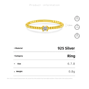 Detailed view of S925 sterling silver beaded ring with a clear round zircon stone