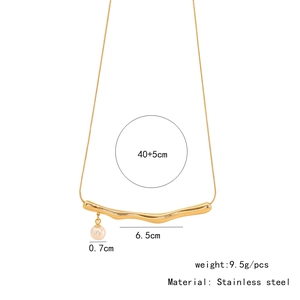 Detailed specs of stainless steel gold bar necklace with a pearl pendant and measurements
