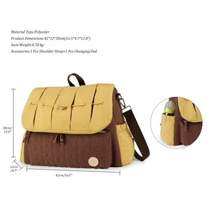 Detailed view of color-block diaper bag with specific dimensions and side bottle pocket