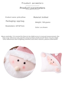 Detailed view of pink Santa Claus knitted pillow with size 44x40x3cm specifications