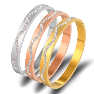 Fashion Wave Line Bangle Bracelet Stainless Steel Rhinestone Inlaid Geometric Hinge Clasp Jewelry For Women
