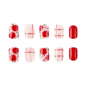 Short square Christmas press-on nails set with red apple pattern and pink plaid design