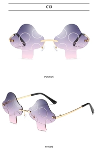 Front and 45-degree views of mushroom shaped sunglasses with purple gradient lenses