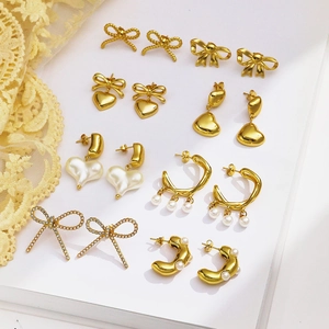 Gold Plated Stainless Steel Earrings Heart Bowknot Faux Artificial Pearl Rhinestone Geometric Drop Stud Jewelry For Women