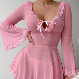 Pink lace sheer mesh sleepwear with flared sleeves and deep V-neck ribbon tie