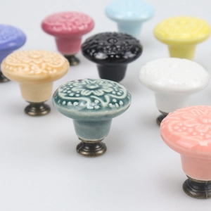 Colorful floral ceramic cabinet knobs with metal base in various pastel tones