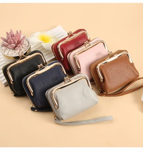 Litchi pattern card holders in various colors with zipper and wrist strap details