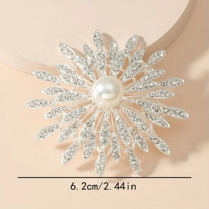 Elegant silver flower brooch with sparkling rhinestones and a large pearl center, 6.2cm