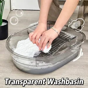 Vasque à linge gris fumé transparent avec planche à laver intégrée pour lavage à la main