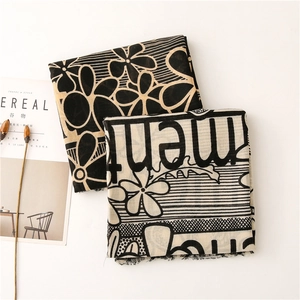 Floral and letter print cotton linen scarves for women with fringe on white background