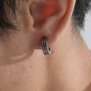Men's fashion stainless steel hoop earrings with three-layer grooved design on a silver finish