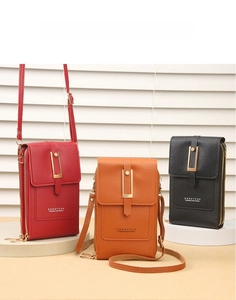 Vertical touch screen mobile phone bags in red, brown and black with gold hardware