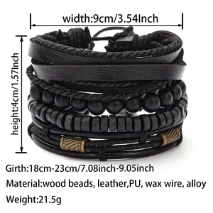 Detailed size chart for layered leather and wood bead bracelets showing 18-23cm girth