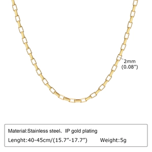 Detail showing 2mm wide stainless steel box chain with dimensions and gold plating info