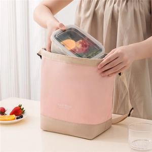 Pink and beige insulated lunch bag with shoulder strap and TEAST FOOD lettering