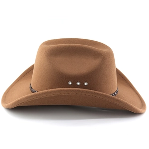 Detail of classic brown western cowboy hat with leather braided band and metal eyelets