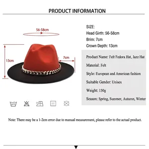 Guide des tailles pour chapeau fedora bicolore avec chaîne, bord 7cm, laine douce