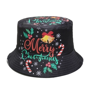 Black Christmas bucket hat with Merry Christmas print and festive holiday patterns