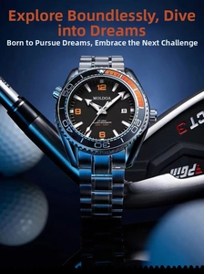 Detail of a diving watch with black and orange bezel on a golf themed background