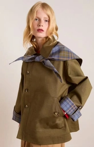 Detail of army green loose coat featuring blue-green plaid collar and cuffed sleeves