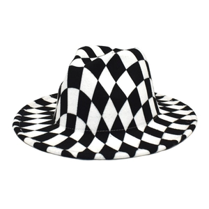 Chapeau Fedora À Damiers Feutre De Laine Large Bord Jazz Cap Vintage Motif À Losanges Unisexe Mode