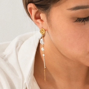 Vintage Long Tassel Drop Earrings For Women With Artificial Baroque Pearl And Zircon Chain Stainless Steel Elegant Jewelry