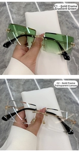 Détails de lunettes de soleil sans monture avec branches dorées ornées et verres dégradés