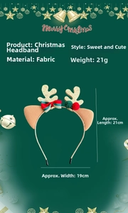 Detail of Christmas reindeer antler headband with plush ears and glittery gold finish