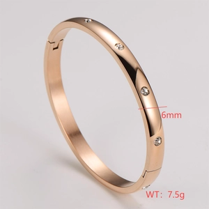 Detail view of 6mm rose gold stainless steel bangle with crystal inlay and snap closure
