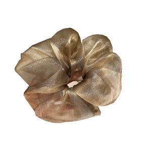 Sparkly champagne gold organza mesh scrunchie with metallic shimmer for women