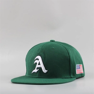 Dark green snapback hat with embroidered gothic letter A and American flag patch details
