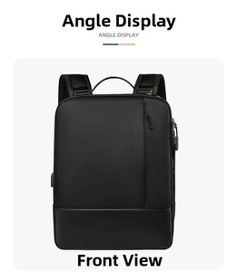 Front view of black waterproof business laptop backpack with USB charging port