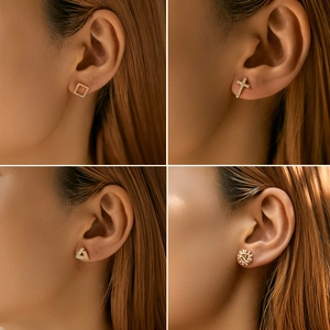 Elegant gold stud earrings set featuring geometric and floral designs with sparkling zircons