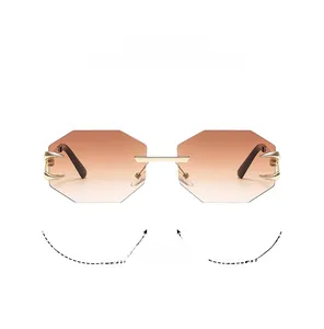 Detail view of octagon rimless sunglasses with gradient lenses and gold claw metal bridge