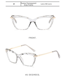 Detailed view of faceted transparent grey cat-eye frames with slim gold metal temples