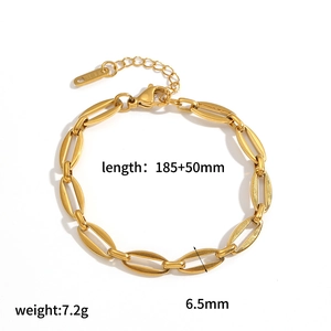 Detail view of gold 304 stainless steel chain bracelet showing 185+50mm length and 6.5mm width