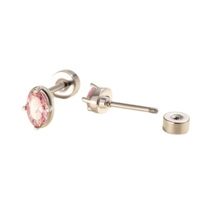 Silver geometric oval stud earrings with pink zircon and secure screw back closure