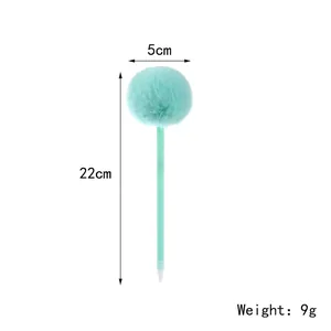 Mint green plush pom pom ball pen for students writing, 22cm long and 9g weight