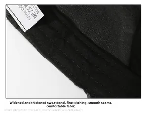 Detail of the cotton inner sweatband and white fabric care label on a black baseball cap