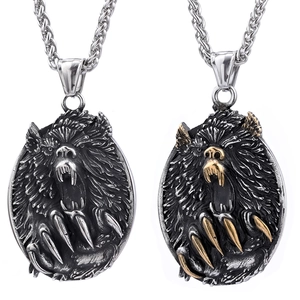 Men Punk Wolf Head Bear Claw Pendant Necklace Stainless Steel Gothic Vintage Norse Viking Animal Jewelry