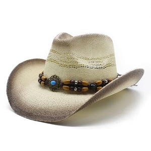 Chapeau de cowboy rétro en paille tressée avec perle turquoise et bord dégradé pour voyage