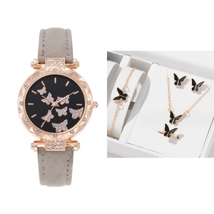 Elegantes Set aus roségoldener Damenuhr mit Schmetterling und passendem Schmuckset