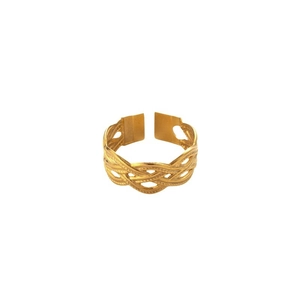 Adjustable golden woven mesh ring with braided texture in minimalist stainless steel style