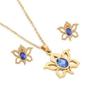 Golden stainless steel sun flower jewelry set with blue zircon necklace and earrings