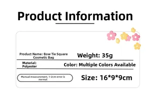 Detailed specifications for bow knot quilted makeup bag in size 16x9x9cm with polyester fabric