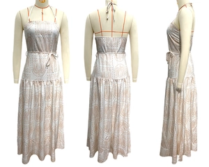 Three views of beige floral halter dress featuring backless design and waist tie detail